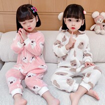 Girls conjoined pajamas autumn and winter flannel thickened warm long sleeve coral velvet childrens home clothes girls baby