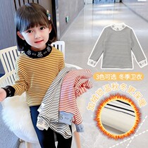Childrens striped middle collar warm base shirt girls autumn and winter half high collar underwear plus velvet padded long sleeve top