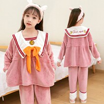 Childrens sleepwear girls autumn flannel zhong da tong long sleeve College wind coral fleece girl tracksuit set