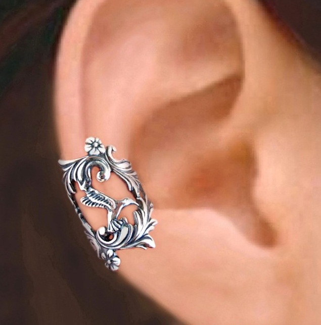 American Hummingbirdsen female wind retro hand for floral bird pure silver hollowed-out ear clip