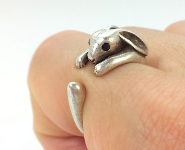 Overseas Rabbit hand made Cute Retro Zodiac animal Black Crystal Brass adjustable ring