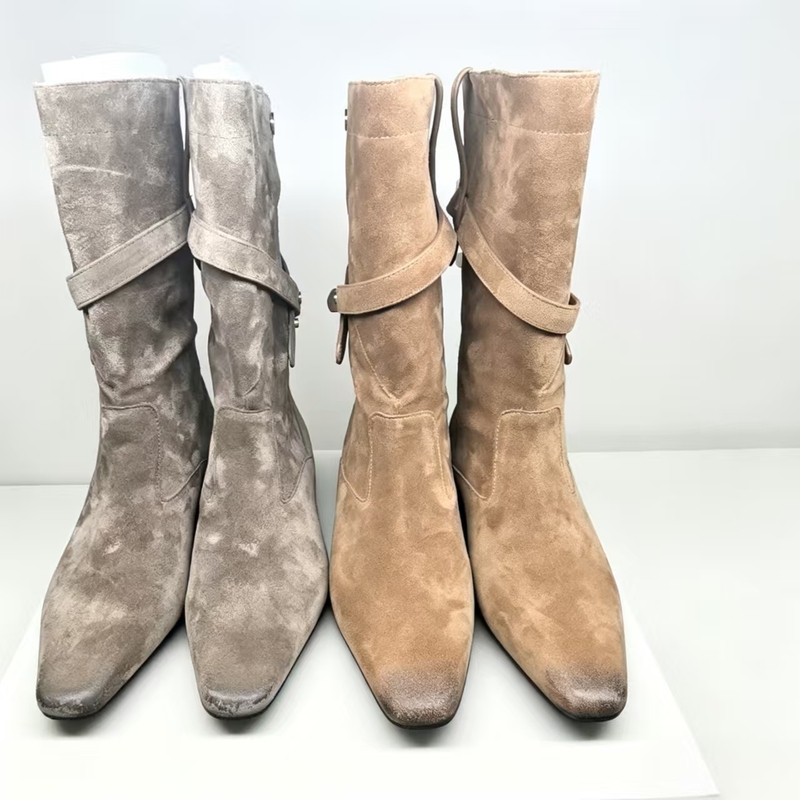Mo26 Autumn Retro Two-Way Wear Cow Suede Western Short Boots for Women, Square Toe, Low Heel, Genuine Leather Sheepskin Inner, Buckle Detail, Slouchy Boots Mo26 Autumn Retro Two-Way Wear Cow Suede Western Short Boots for Women, Square Toe, Low Heel, Genuine Leather Sheepskin Inner, Buckle Detail, Slouchy Boots