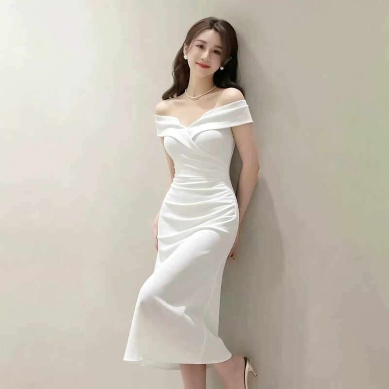 White Draped Art Exam Dress, Performance Attire, Elegant Women's 2026 New Slim-Fit Off-Shoulder Long Dress
