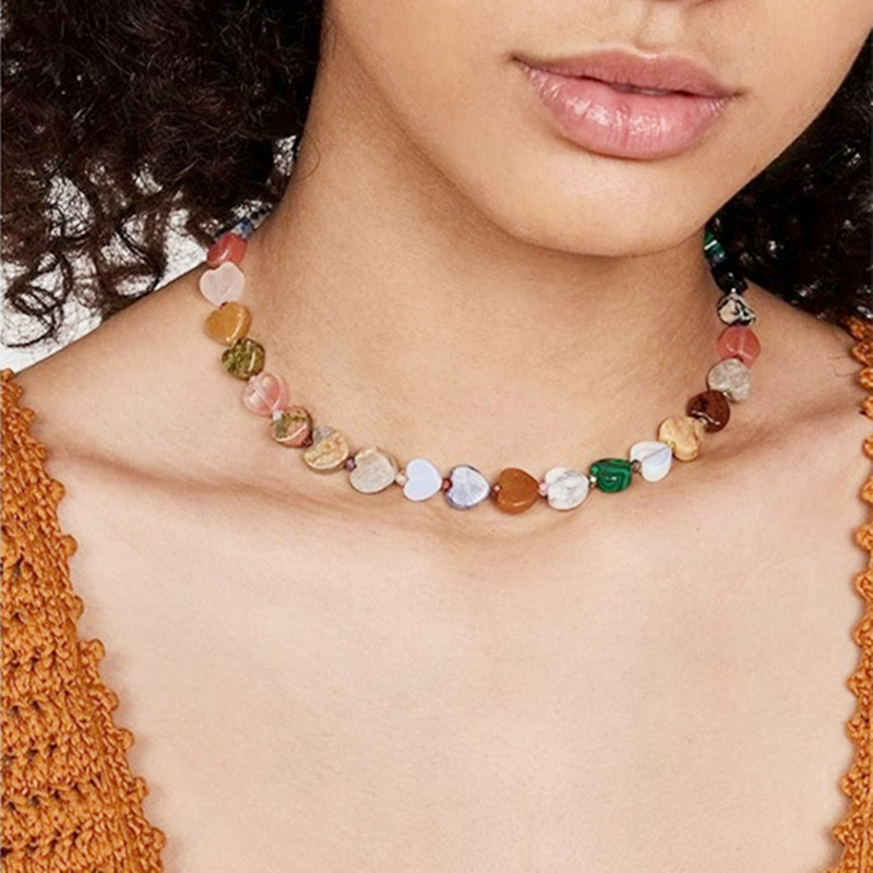 C H H Design Natural Heart-Shaped Colorfulful Stone Beaded Necklace Bracelet Women's Niche High-End Accessible Luxury Elegant C H H Design Natural Heart-Shaped Colorfulful Stone Beaded Necklace Bracelet Women's Niche High-End Accessible Luxury Elegant