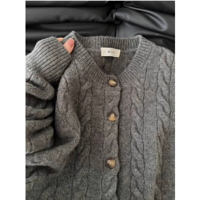 Gray Cable Knit Cardigan for Women, Spring and Autumn, Casual, High-End Feel, Wool and Cashmere Knit Jacket, Base Layer Top