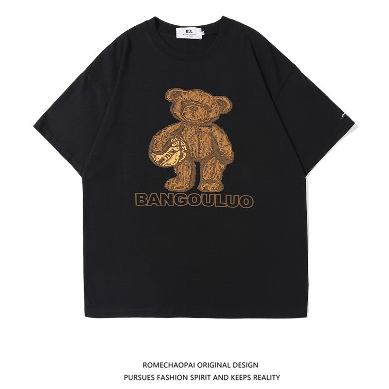 ROME summer embroidered bear short-sleeved T-shirt men's tide all-match street hip-hop loose couple all-match top