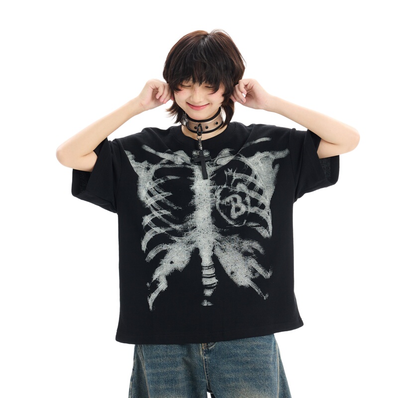 Soyy American Retro Gothic Style Skull Print Waffle Long-Sleeve T-Shirt Unisex Loose Trendy Brand Base Shirt