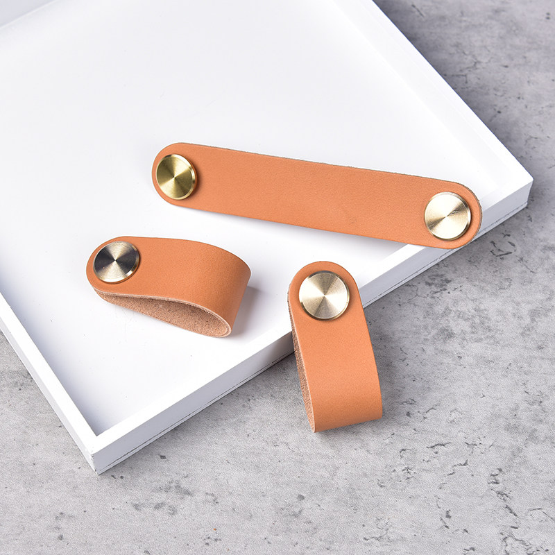 Leather wardrobe door handle Nordic light luxury khaki leather top layer cowhide pure copper drawer handle children's handle