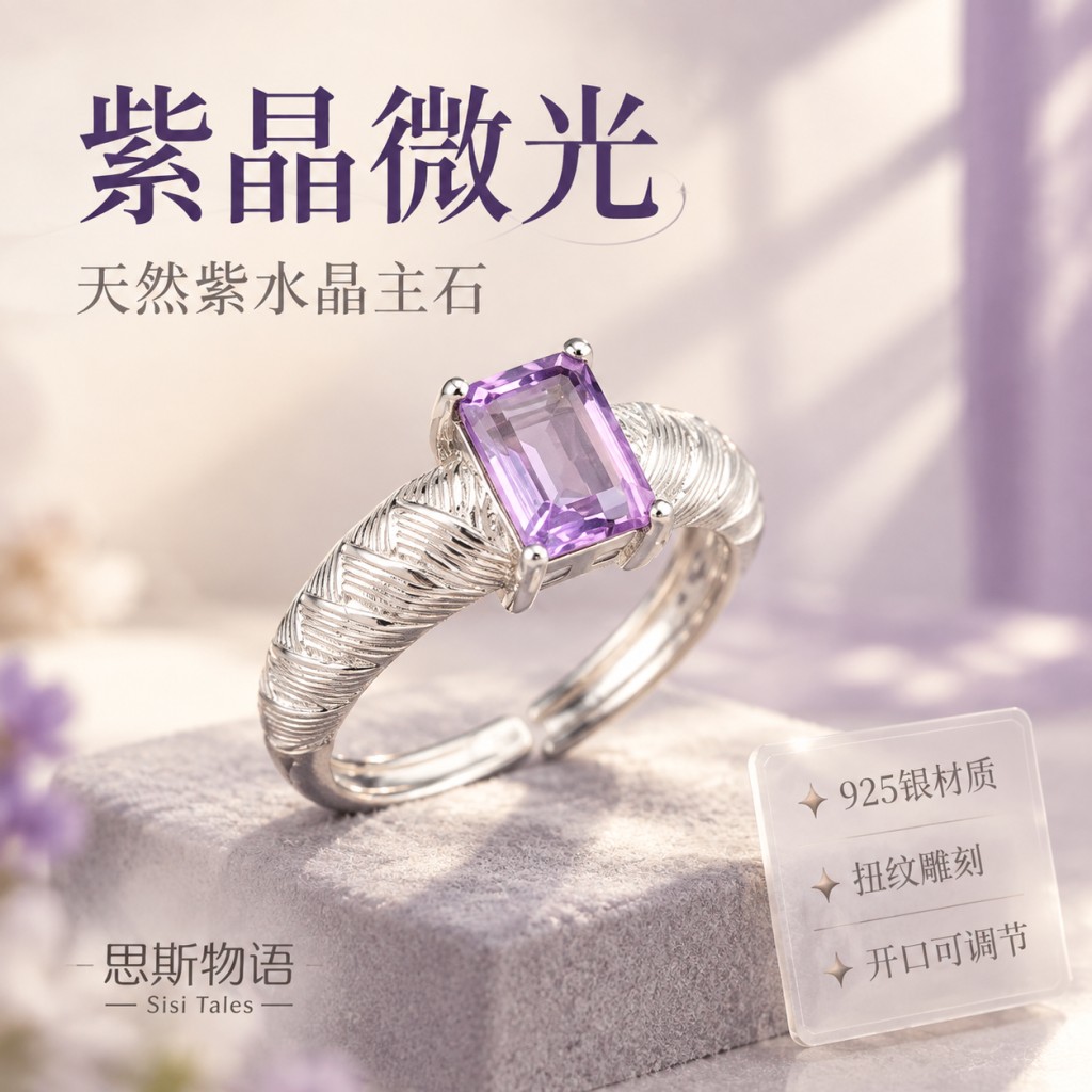 925 silver amethyst open adjustable ring for women