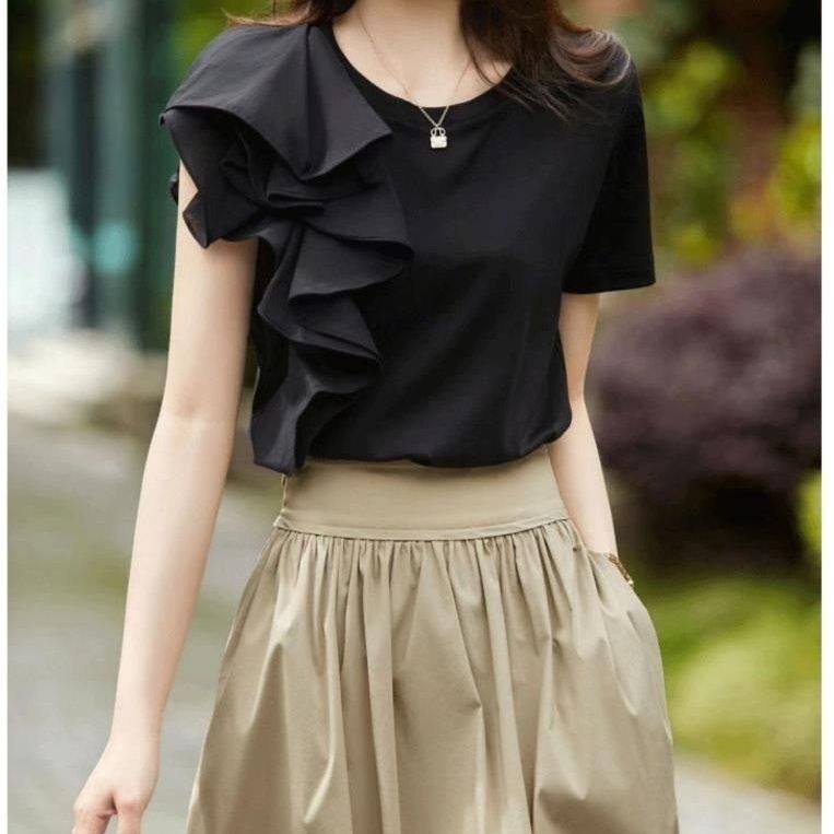 Short-Sleeved T-Shirt with Unique Design for Women, 2024 New Trendy Summer Irregular Ruffle Elegant and Distinctive Top