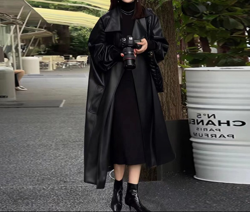 British Style Leather Jacket for Women 2025 High-End New Model Over-The-Knee Luxury Simple Elegant Pu Leather Coat for Women
