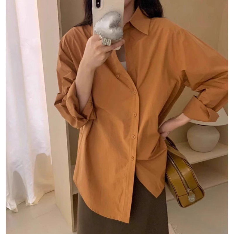 Korean Style Casual Orange High-End Unique Diagonal Placket Shirt for Women, New Spring and Autumn Loose and Versatile Gentle Style Shirt Korean Style Casual Orange High-End Unique Diagonal Placket Shirt for Women, New Spring and Autumn Loose and Versatile Gentle Style Shirt