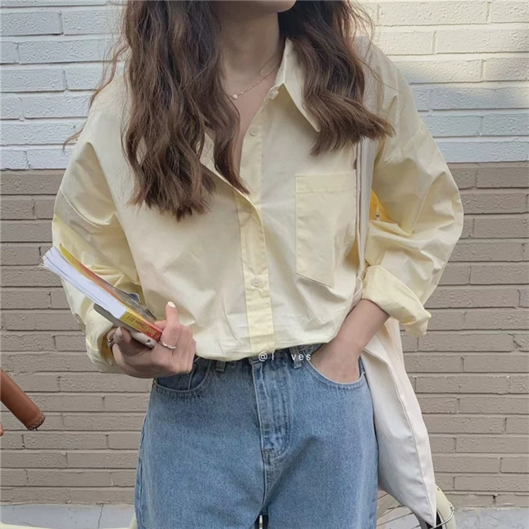 Light Yellow Loose Casual Pure Cotton Shirt for Women 2026 Spring and Summer Design with a Unique and Distinctive Lapel for Layering