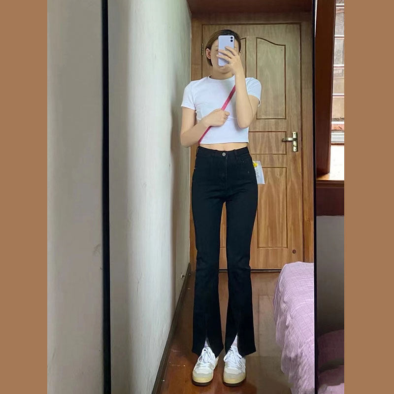 Black Micro Lao Fork Jeans Woman 2022 Spring Summer New Fat Mm Towering High Waist Display Slim Straight Drum Horn Pants