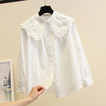 2021 Spring New Day Series Fresh Loose Cotton Lining Woman Hollowed-out Lace Lotus Leaf Lace Dolly Collar White Shirt