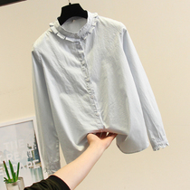 2021 spring new small fresh cotton white shirt female fungus lace stand collar lover flower long-sleeved base shirt