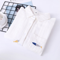 Double cotton yarn white shirt womens spring literature and art cotton slim-fit base shirt Small fresh small fish embroidered long-sleeved shirt