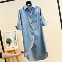 Medium-length over-the-knee denim shirt womens 2021 summer new 100 loose three-point sleeve shirt denim jacket