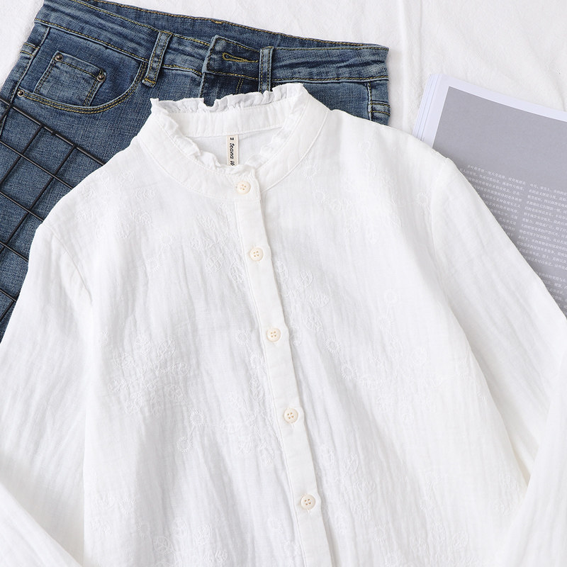 Cotton Cotton White Shirt Woman spring Arts and Wind Agaric Collar Lace embroidered full cotton shirt loose long sleeves Nets