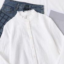 Cotton Cotton White Shirt Woman spring Arts & Culture Agaric Collar Lace embroidered full cotton shirt loose long sleeve undershirt