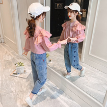 6 girls spring and autumn suit 2021 New 7 foreign Style 8 big children 9 girls 10 shirt jeans two pieces 12 years old