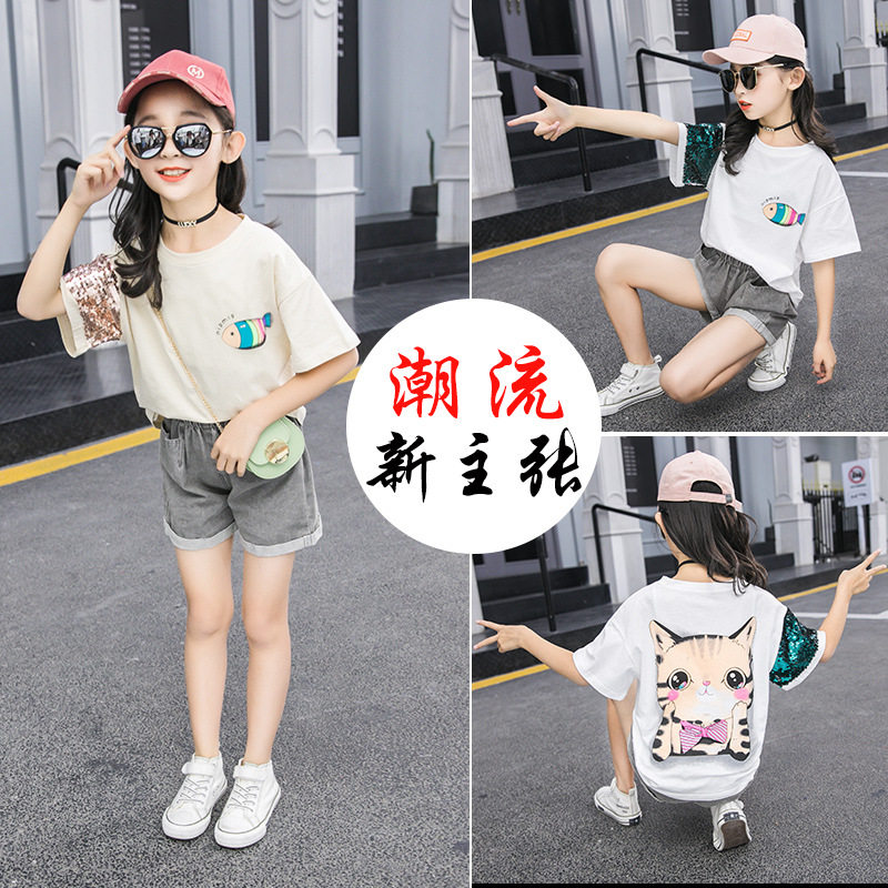 Girls suit summer 2021 new foreign school children's net red big virgin girl fashionable summer short-sleeved denim shorts