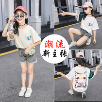 Girls suit summer 2021 new foreign style childrens net red big virgin girl fashionable summer short-sleeved denim shorts