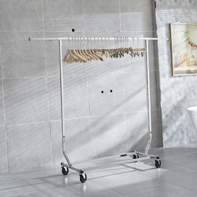 Clothing Store Hanger Racks Stainless Steel Square Pipe Single Bar With Wheels Folding Movement Hanging Hanger Exhibition Sales crew