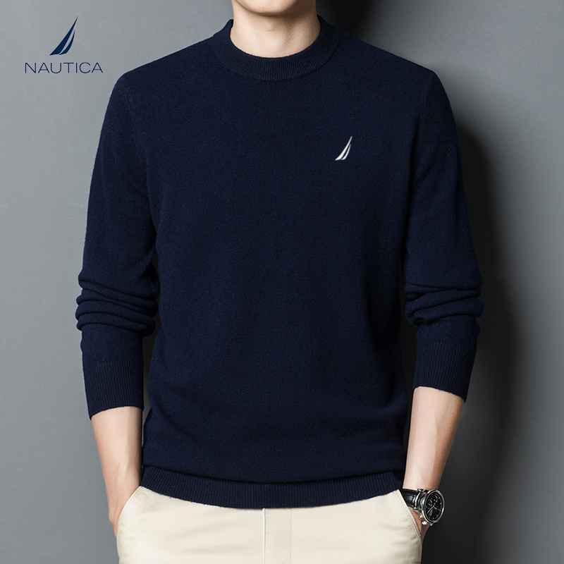Nautica/Notica Winter 100% Pure Wool Sweater for Men, Loose Fit, Thickened, Solid Color, Half Turtleneck Base Sweater