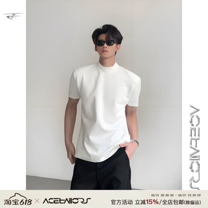 Ace Jackson Wang American-Style Heavyweight Solid Color Basic T-Shirt for Men, Half-High Collar, Slim Fit, Versatile Base Layer Top