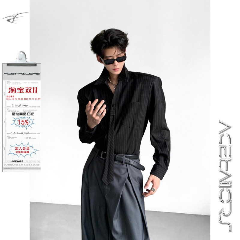 Ace's Retro Intellectual Abstinence-Style Fake Tie Design Striped Shirt for Men, High-Quality and Stylish Shirt