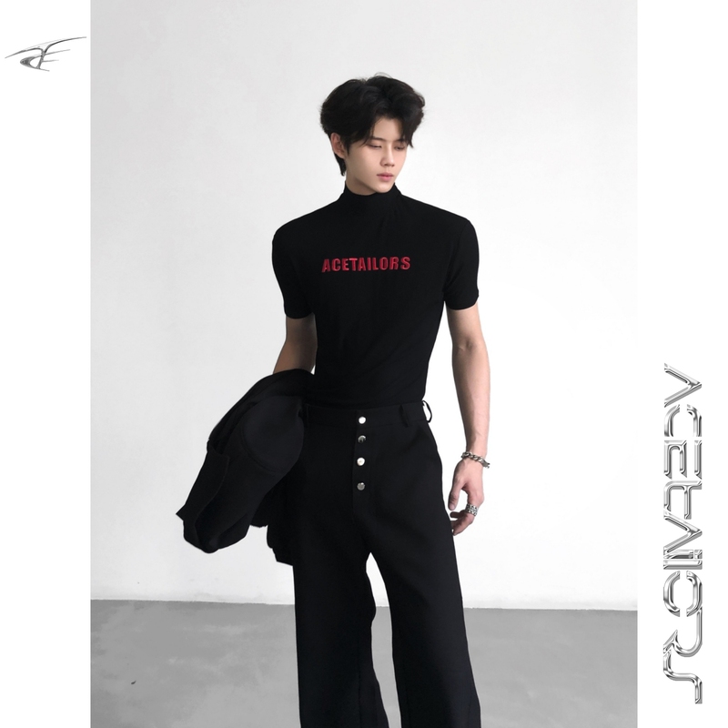 Ace Benming Hong Red Embroidered Lettering New Elite Deconstructed Half-High Collar T-Shirt for Men, High-End Feel, Regular Shoulder, Slim Fit Base Shirt
