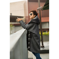 Beautiful and warm hugging down and wool coat fabric splice crossover big and wide version down jacket