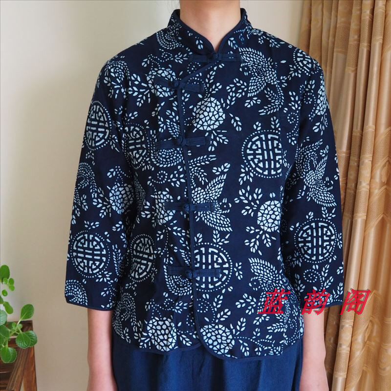Large size female Tang Dress Phoenix Clothes National Wind Pure Cotton Blue Printed Cloth Long Sleeve Shirt Spring Autumn Large Flap Chinese Blouse