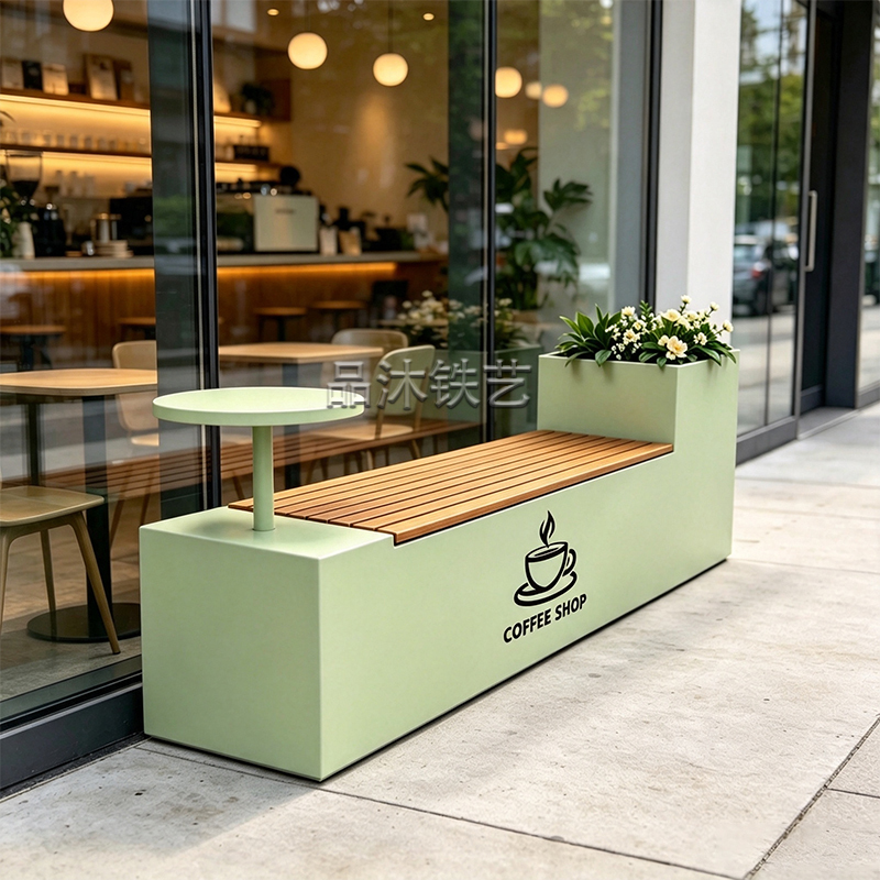 Outdoor Flower Box with Integrated Bench for Coffee Shop Entrance, Outdoor Partition for Commercial Street Scene, Wrought Iron Flower Box with Bench Outdoor Flower Box with Integrated Bench for Coffee Shop Entrance, Outdoor Partition for Commercial Street Scene, Wrought Iron Flower Box with Bench