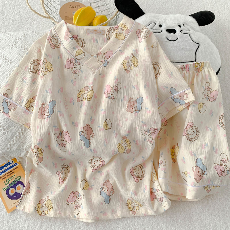 Cloud Cotton Two-Piece Set Japanese Style New Pajamas for Women Summer Pure Cotton Short-Sleeved Student Cartoon Cute Sweet Home Wear
