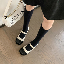 Soft Korean ins black and white color pattern with round head flat end Mary Jane shoes leather shallow single shoes women
