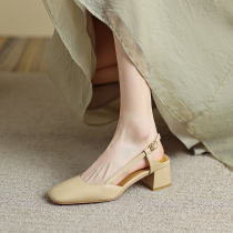 Soft and soft giant comfortable French style square head coarse heel genuine leather rear empty Baotou sandals 100 hitch a shallow mouth single shoe womens shoes
