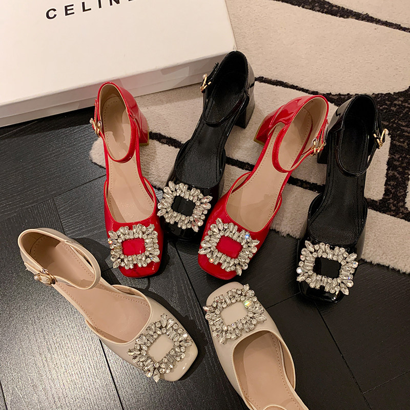 Ultra-genuine Giant good looking net red water drill square buckle in heel Temperament Fairy Baotou sandals Mary Jane shoes Single shoe