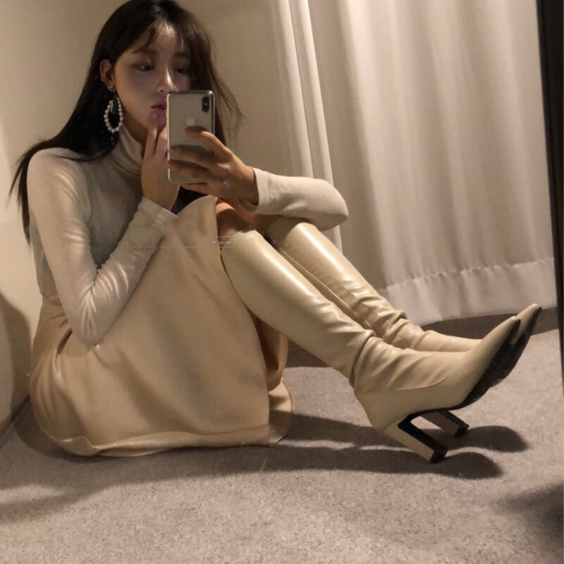 Mdyy overseas Korean giant legs long @ tip coarse heel genuine leather elastic high cylinder boots high heel rider boots ladies' boots