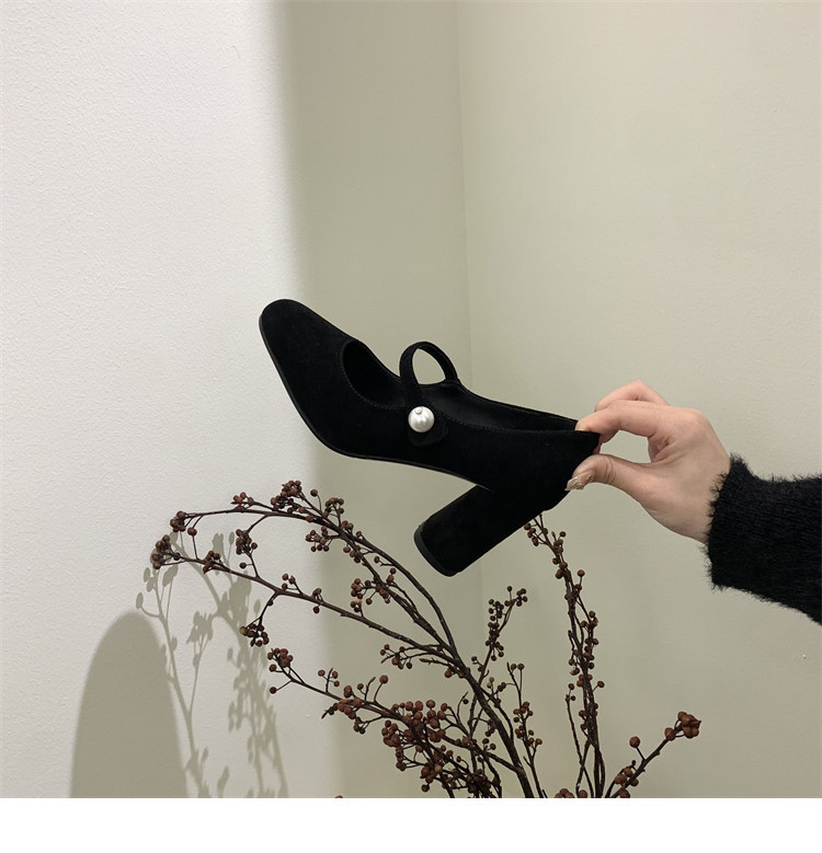 Туфли Мэри Джейн 店主自留~！小众珍珠一字扣带粗跟单鞋法式高跟赫本鞋玛丽珍鞋女