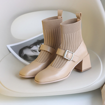 ins strong push soft soft soft apricot color high heel square head elastic short boots thick heel slim socks boots womens single boots spring and autumn