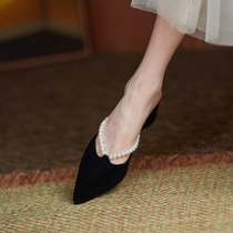 Niche design is very good-looking ~ French pearls with thick heels and slippers middle-heeled lazy Muller shoes womens shoes