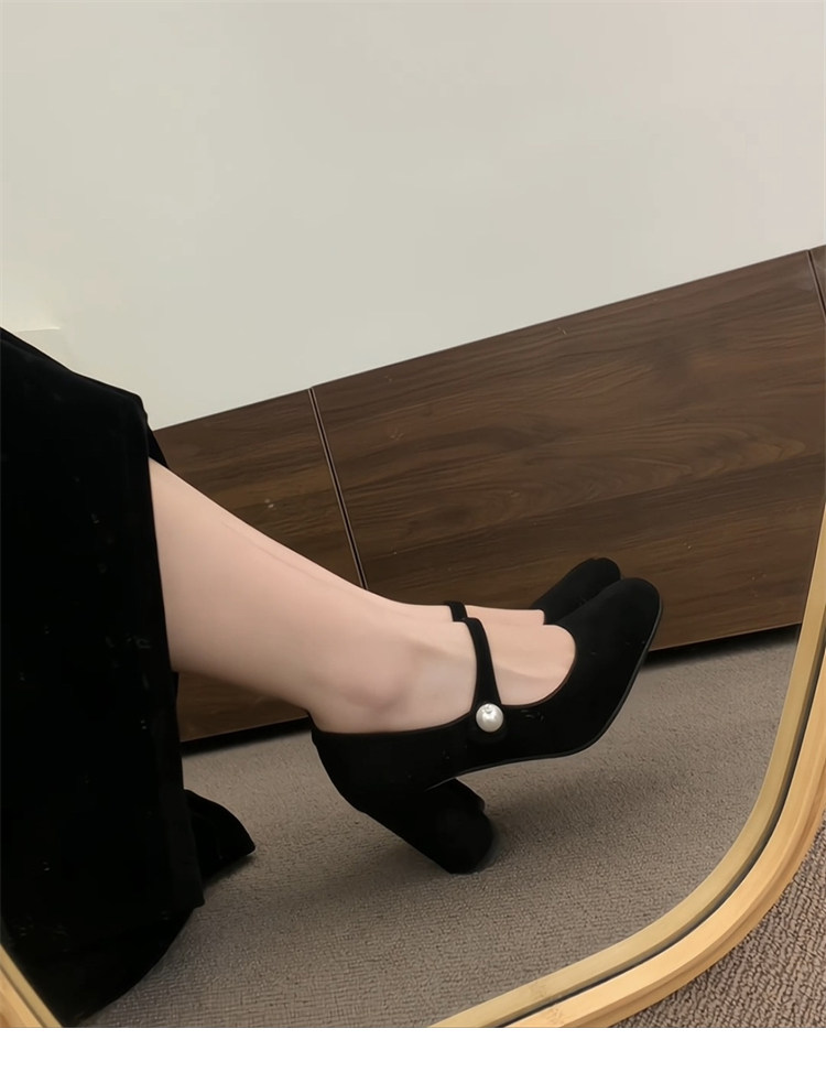 Туфли Мэри Джейн 店主自留~！小众珍珠一字扣带粗跟单鞋法式高跟赫本鞋玛丽珍鞋女