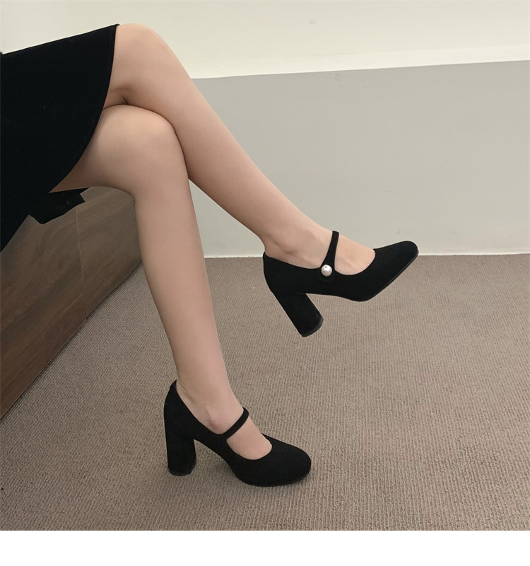 Туфли Мэри Джейн 店主自留~！小众珍珠一字扣带粗跟单鞋法式高跟赫本鞋玛丽珍鞋女