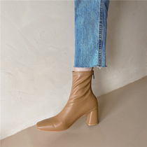 Niche design giant soft ~ milk apricot thick heel square head elastic short boots Joker high heel womens socks boots thin boots