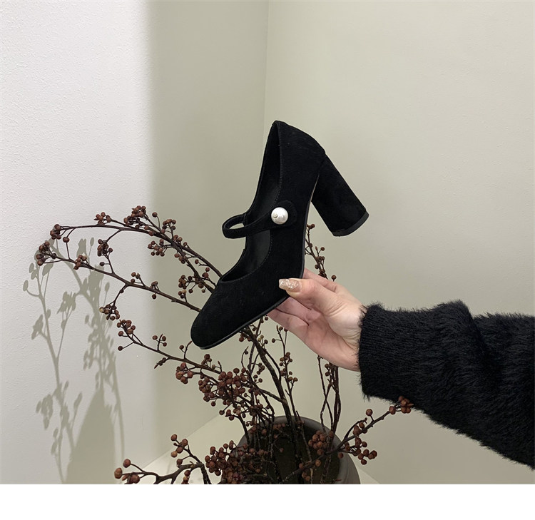 Туфли Мэри Джейн 店主自留~！小众珍珠一字扣带粗跟单鞋法式高跟赫本鞋玛丽珍鞋女