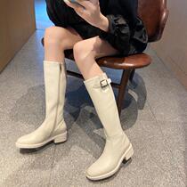 High-end self-retention word-of-mouth style ~ Korean beige flat bottom thin knee long boots round head Knight boots female