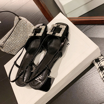 ins strong push self-left net red water drill square buckle with small crowdsquare head single shoe 100 lap black Baotou sandal girl