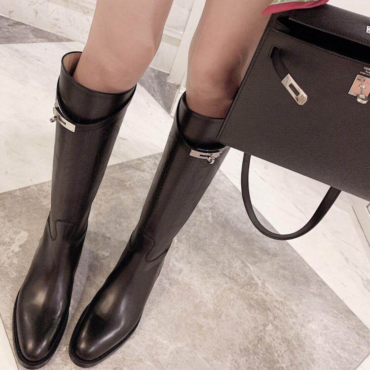 ins high end version giant beauty self-leaving @ black genuine leather flat bottom and knee knight long boots though knee-high cylinder boots woman